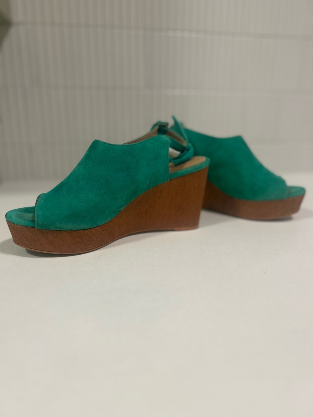 Anthropologie Suede Bow Back Wooden Wedge Sandals